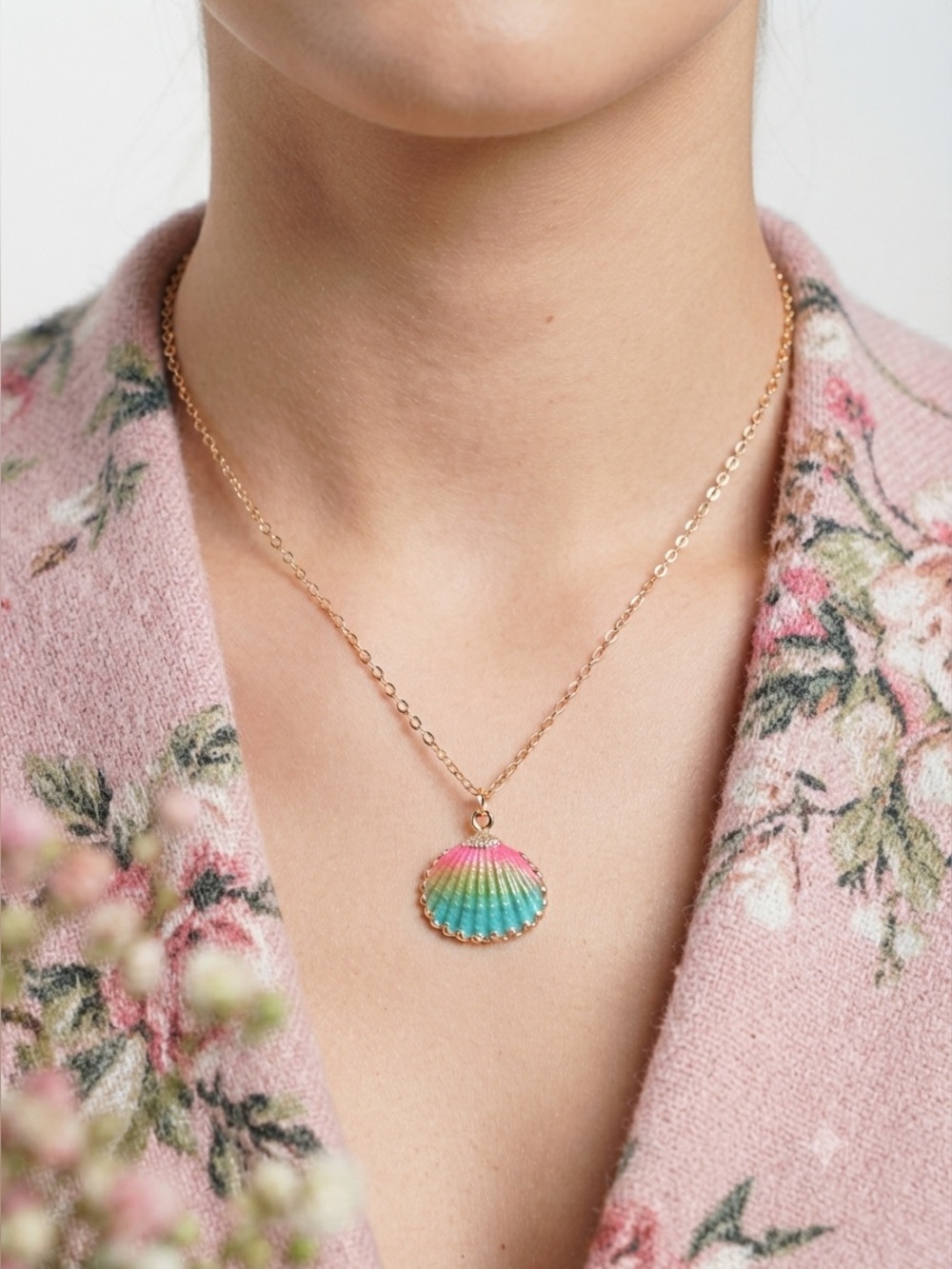 Rainbow Scallop Shell Necklace Mermaid Ombre Pendant